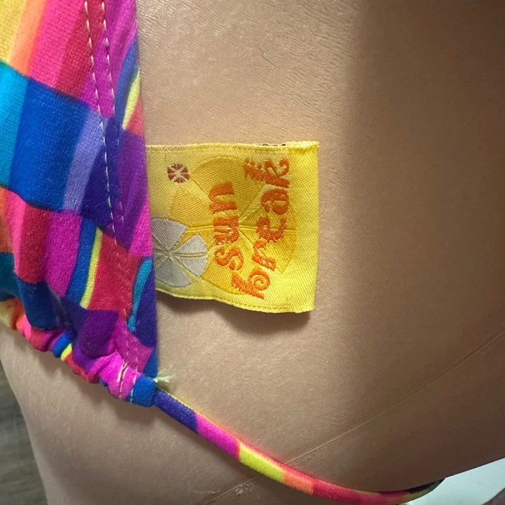 Y2K rainbow checker bikini top Sunset Beach size M Rave Festival‎